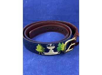 Needlepoint Leather Belt With Scenes From Ridgefield, CT Size 38