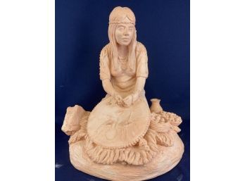 Large Terracotta Statue Of A Young Native American Woman Working, Made In Mexico