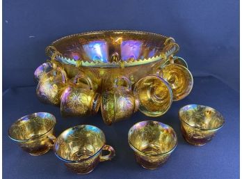 Vintage Marigoldgold Carnival Glass Iridescent Gold Glass Punch Bowl Set And 11 Punch Glasses, 1970's