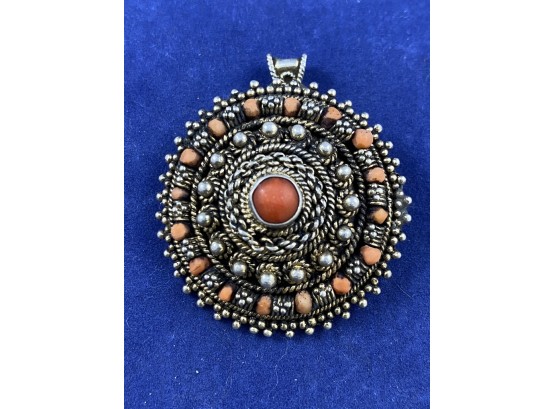 Stunning 935 Silver (better Then Sterling) With Coral Accents, Pendant Or Pin, Made In Isreal
