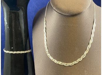 Sterling Silver 925 Braided Necklace And Matching Bracelet, Made In Italy