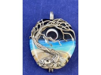 Stunning Art Glass Pendant Of Tree And Moon, Signed