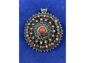Stunning 935 Silver (better Then Sterling) With Coral Accents, Pendant Or Pin, Made In Isreal