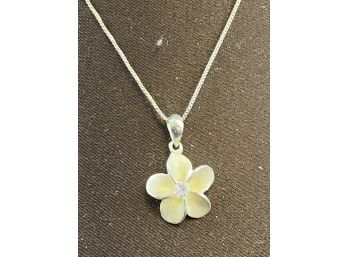Sterling Silver Plumeria 925 Pendant With Cubic Zarconia Center And 16' Sterling Silver Chain