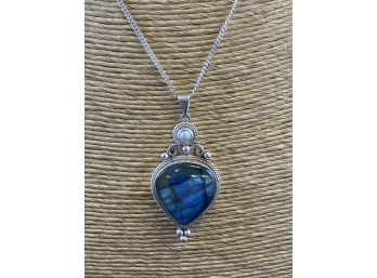 Sterling Silver Pendant With Blue Irradescent Stone And Pearl On Sterling Silver 18' Chain