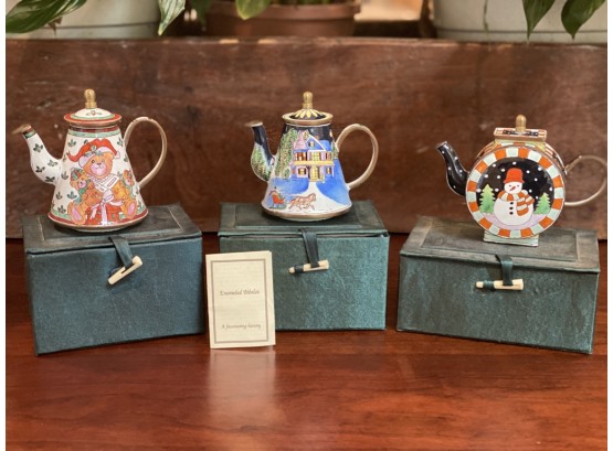 Lot Of 3, Conoisseur Arts Enameled Bibelot Miniature Metal Christmas Teapots