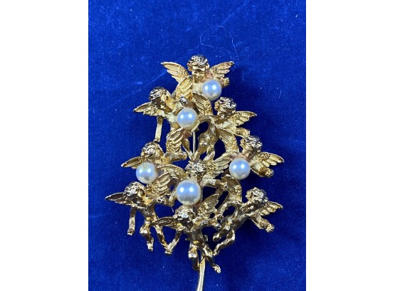 Vintage Signed Cadoro Cherub Angel Tree Pin Faux Pearl Gold Tone