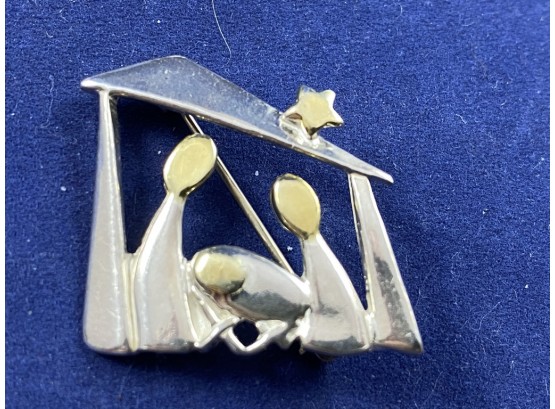 Sterling Silver Nativity Pin Brooch With Gold Accents
