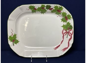 Laurie Gates Pottery Christmas Holly Green Trim Platter, NS Gustin Style 16' X 13'