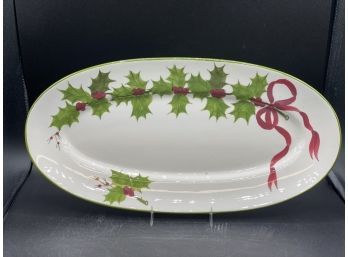 Laurie Gates Pottery Christmas Holly Green Trim Platter, NS Gustin Style 17' X 8.5'