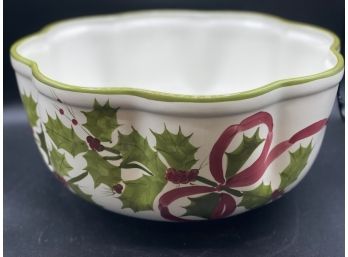Laurie Gates Pottery Christmas Holly Green Trim Large Salad Bowl, NS Gustin Style 12.75' X 6'