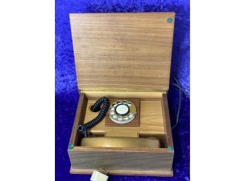 Vintage Telephone In Leather And Wood Box