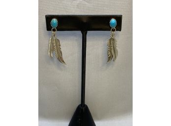 Sterling Silver Dangle Earrings With Turquoise & Feather