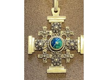 Stunning Sterling Silver Jerusalem Cross With Blue Agate Center