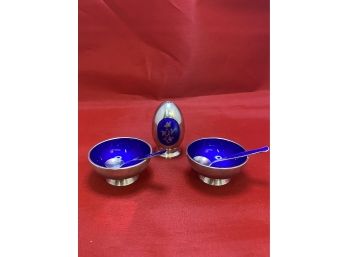 Vintage Meka - Denmark Sterling Silver And Blue Enamel Salt Sellers, Spoons And Salt Shaker