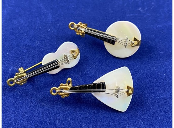 Set Of 3 Antique Music Instrument Pins Made From  Mother Of Pearl.  Amazing Detail.
