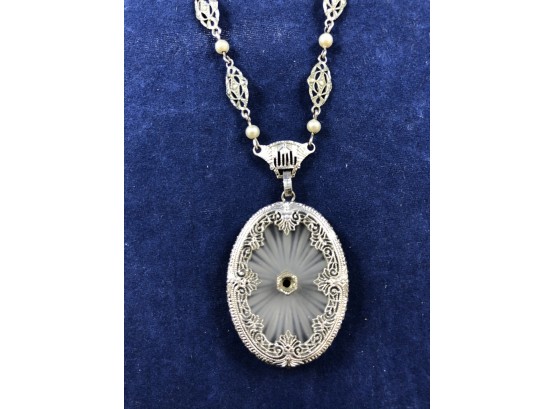 Vintage Art Deco 10k White Gold Camphor Glass Filigree Diamond Pendant Necklace