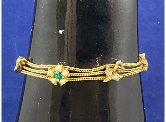 Vintage Goldtone Goldette NY Charm Bracelet Triple Strand With Six Charms SIGNED
