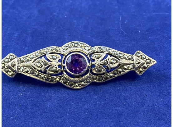 Victorian Sterling Silver Pin With Amethyst And Marsicite Accents