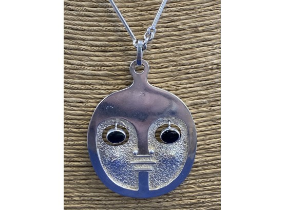 Oswaldo Guayasamin, Large Vintage Silver Tribal Face Pendant With Onyx Moving Eyes, Signed By Hand