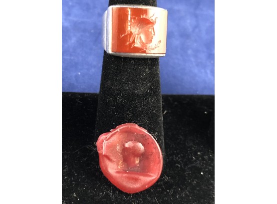 Sterling Silver Carnelian Wax Seal Ring, Side Profile Of Warrior Or Gladiator, Size 5