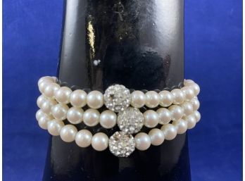 German Silver Pearl Bracelet With Rhinestone Balls