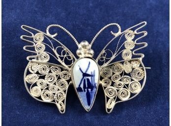 Vintage Delft RARE Sterling Silver Butterfly Pin