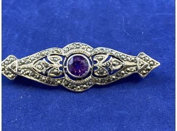 Victorian Sterling Silver Pin With Amethyst And Marsicite Accents
