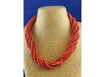 Vintage Coral? Multi Strand Necklace With Wood Button Clasp