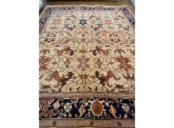 12' X 9'4'Patterened Asian Rug #6- Beige Base, Burgandy And Blue Off-White Accents
