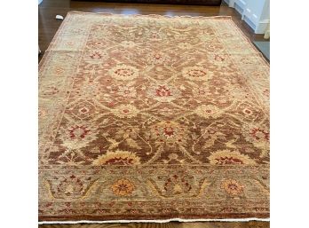 9' X 12'2' Patterened Asian Rug #2- Burnt Umber Base, Burgandy, Celadon Green With Off-White Accents