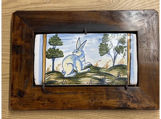 Majolica, Castelli Refired Tin Glazed Ceramic Italian Plaque Of Rabbit