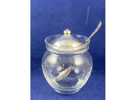 Webster Sterling Silver & Glass Jelly Jar And Jelly Spoon