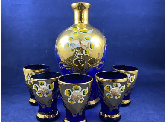 Blue Murano Glass Bottle And Five Small Glasses, Gold Accent And Raised Flower Decoration