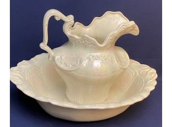 Vintage Arnels Large White Iridescent Ceramic Wash Basin Bowl & Water Pitcher