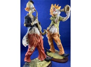 Pair Of Arnart 1984 Pucci Clown Statues, Hobo Clown With Saxophone & Horn, With Wood Base, 11 In