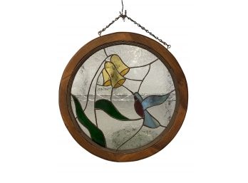 Large Framed Stained Glass With Humming Bird & Flowers