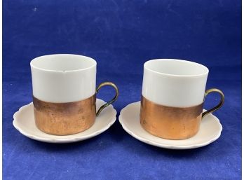 Two Copper Tea Cups With Ceramic Inserts And Ceramic Saucers