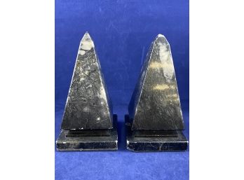 Two Black Marble Obelisks, Made In Italy