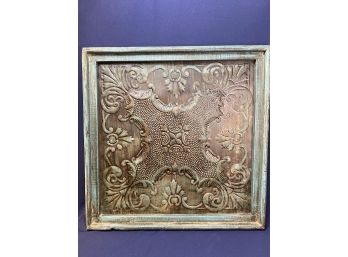 Mexican Metal Tile Framed With Turquoise Blue Wash, Distressed And Rustic