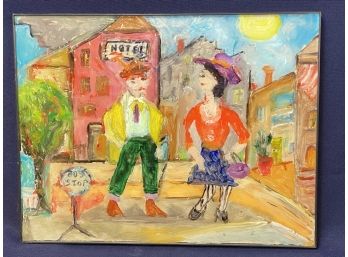 Impressionist Artist Helen Salzberg Oil On Glass, Couple At Bus Stop