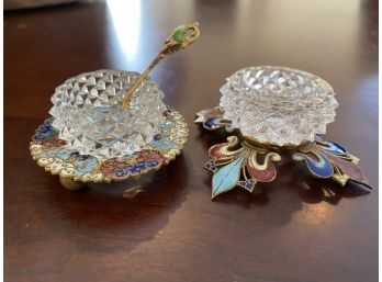 Two Brass And Enamel Salt Cellars And Spoon With Cut Glass