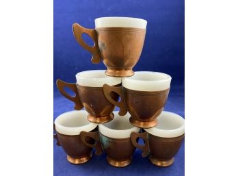 Six Copper Tea Cups With Milk Glass Inserts