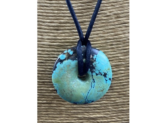 Chinese Turquoise Pendant Pi Disk On Black String