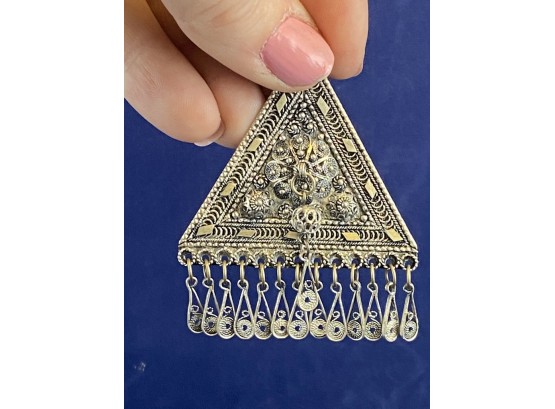 Sterling Silver Triangle Filigree Brooch Pendant, Made In Israel