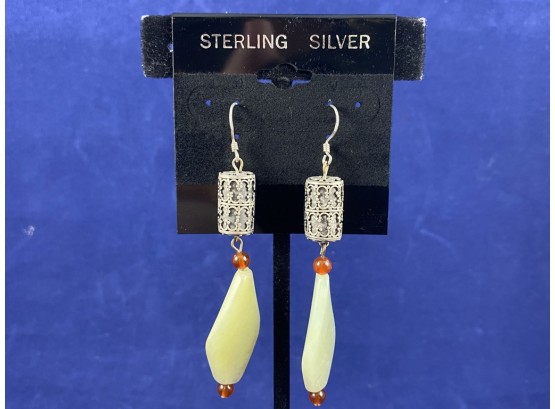 Sterling Silver And Aventurine Earrings With Amber Accents