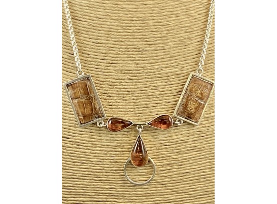 Sterling Silver And Amber Necklace With Aligator Skin Accents