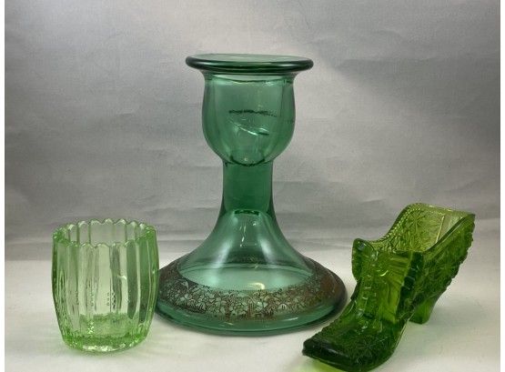 Uranium Green Depression Glass, 3 Misc Pieces