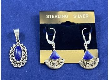 Sterling Silver And Lapiz, Pendant And Earring Set, Made In Carsi Mexico