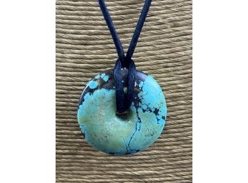Chinese Turquoise Pendant Pi Disk On Black String